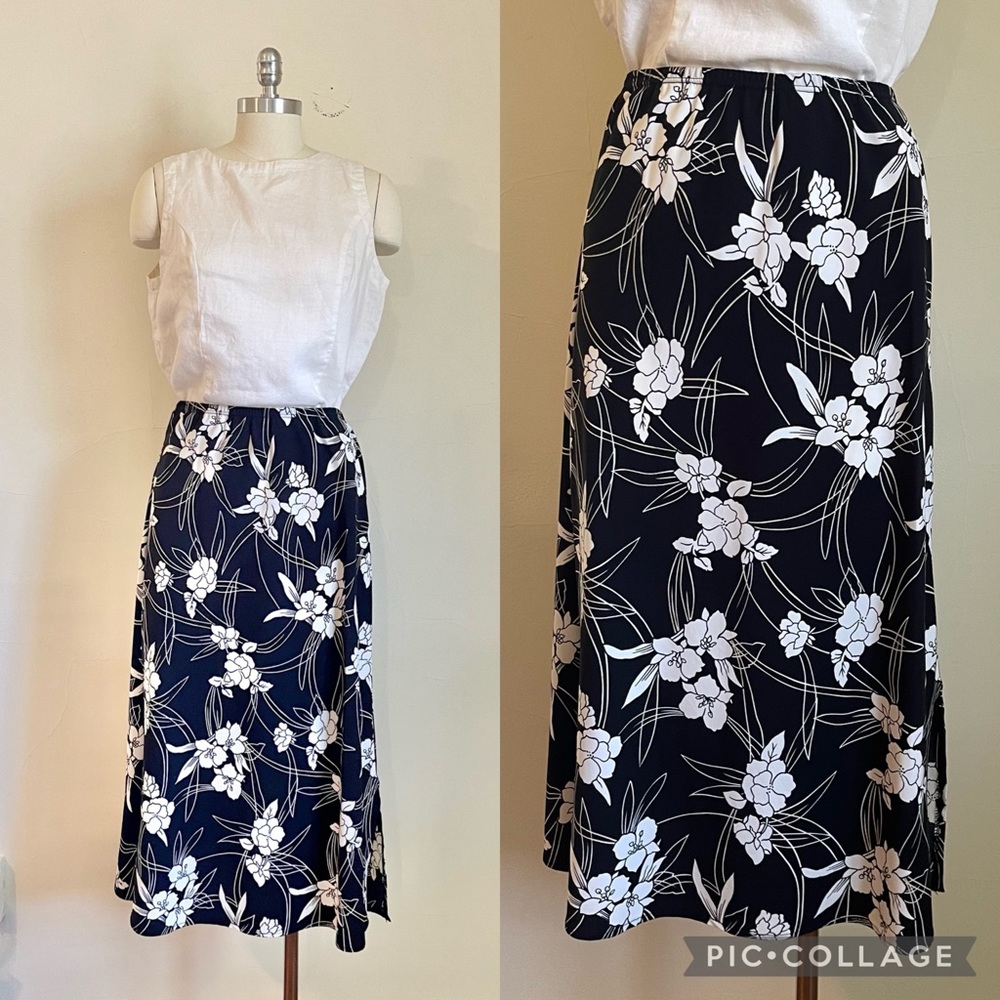 Vintage Black and White Floral Midi Skirt - Picture 1 of 6